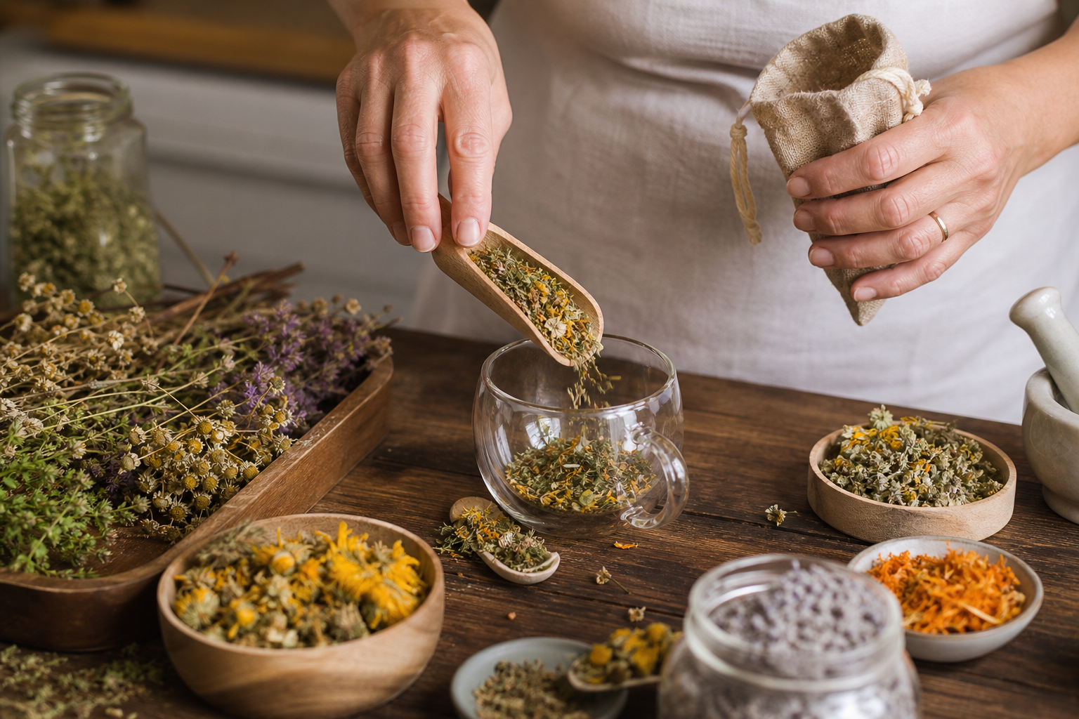 Przygotowanie naparu ziołowego w kuchni