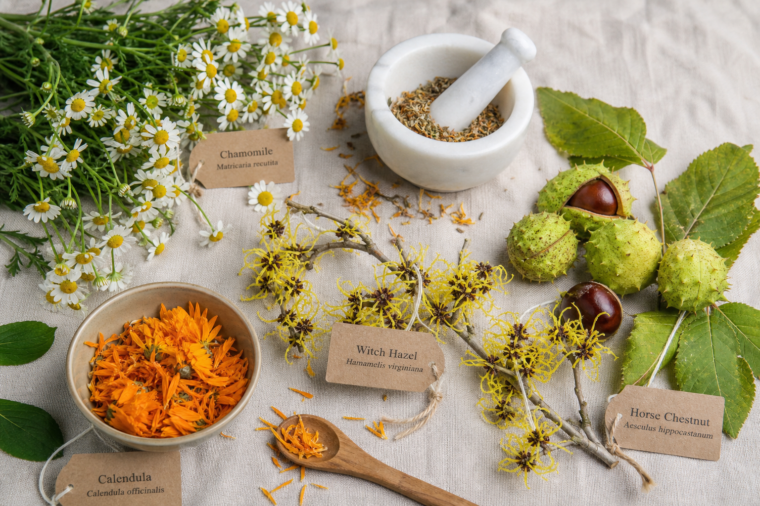 Naturalne zioła — rumianek, nagietek, kasztanowiec